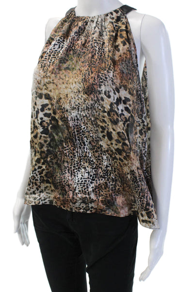 Lola & Sophie Women Blouse Silk Beige Animal Print High Neck Sleeveless Size S