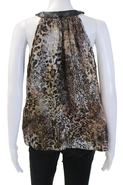 Lola & Sophie Women Blouse Silk Beige Animal Print High Neck Sleeveless Size S