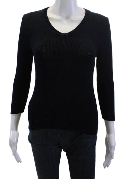 Ann Taylor Women V Neck Silk Pullover Sweater Black 3/4 Sleeve Size XS