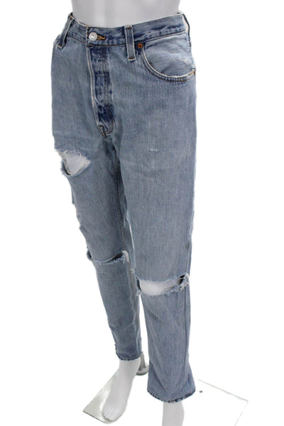 Re/Done Unisex Straight Light Blue High Rise Button Jeans 100% Cotton Size 27