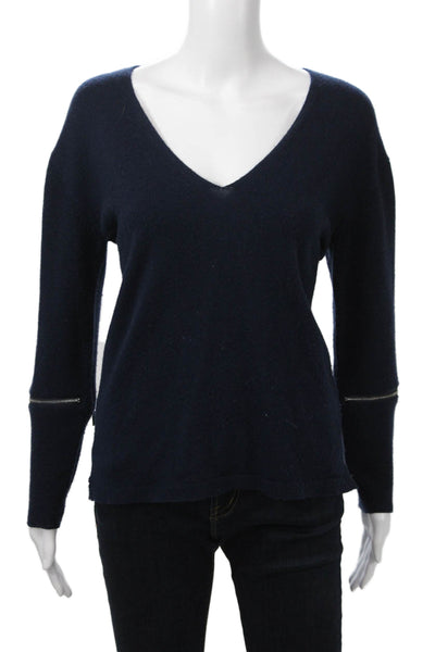 Max & Moi Womens Pullover Merino Wool V-Neck Zip Long Sleeve Dark Blue Size 34