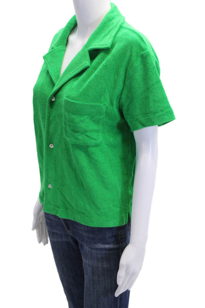 WSLY Women Basic Collared Button-Up Top Green Short Sleeve Size S