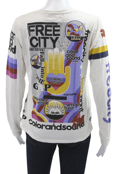 FREE CITY Womens Jersey Graphic Long Sleeve Cotton T-Shirt White Size S