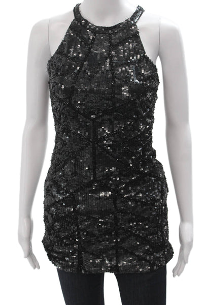 Parker Women Sleeveless High Neck Geometric Netted Rayon Tunic Black Size S