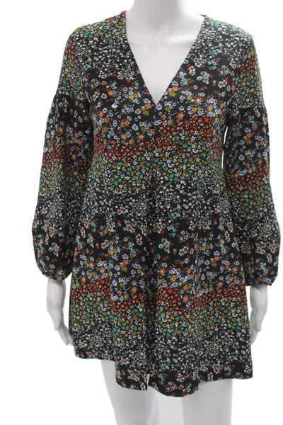 Zara Basic Women A-Line Mini Floral VNeck Long Sleeve Dress Multicolor Size M