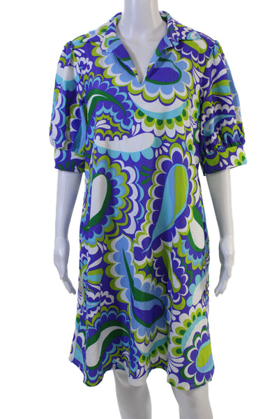 Jude Connally Women Blue Paisley Shift Shirt Dress Midi Short-Sleeve Size L