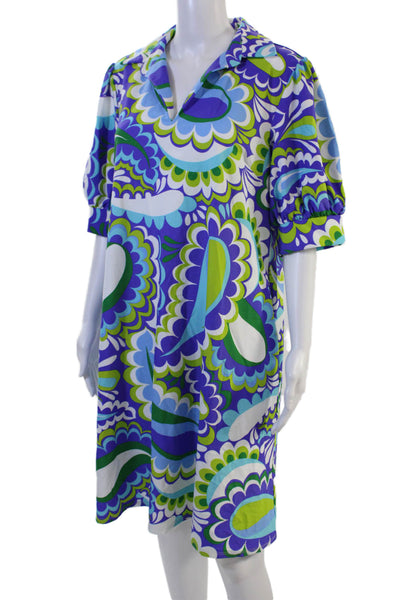 Jude Connally Women Blue Paisley Shift Shirt Dress Midi Short-Sleeve Size L