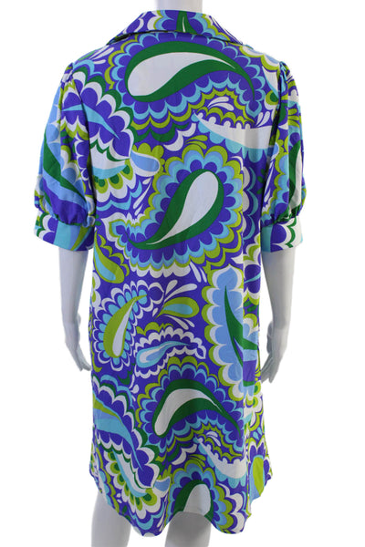 Jude Connally Women Blue Paisley Shift Shirt Dress Midi Short-Sleeve Size L
