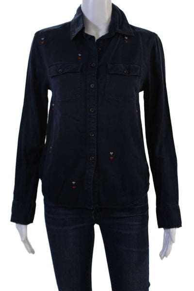 Sundry Womens Dark Blue Collared Cotton Button Up Long Sleeve Heart Top Size 0