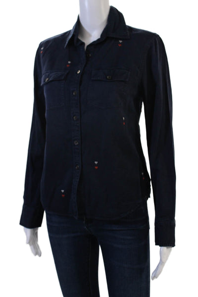 Sundry Womens Dark Blue Collared Cotton Button Up Long Sleeve Heart Top Size 0