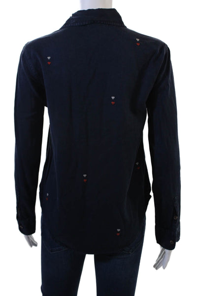 Sundry Womens Dark Blue Collared Cotton Button Up Long Sleeve Heart Top Size 0