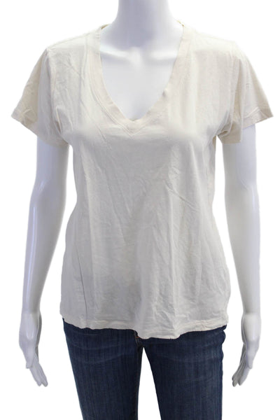 Leallo Women V-Neck Basic T-Shirt Short Sleeve Beige Cotton Size M