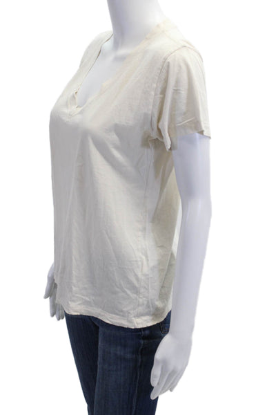 Leallo Women V-Neck Basic T-Shirt Short Sleeve Beige Cotton Size M