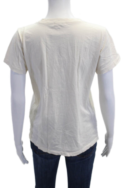 Leallo Women V-Neck Basic T-Shirt Short Sleeve Beige Cotton Size M