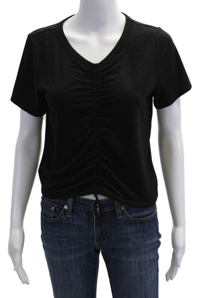 Athleta Womens Cropped V-Neck T-Shirt Black Short Sleeve Drawstring Size S