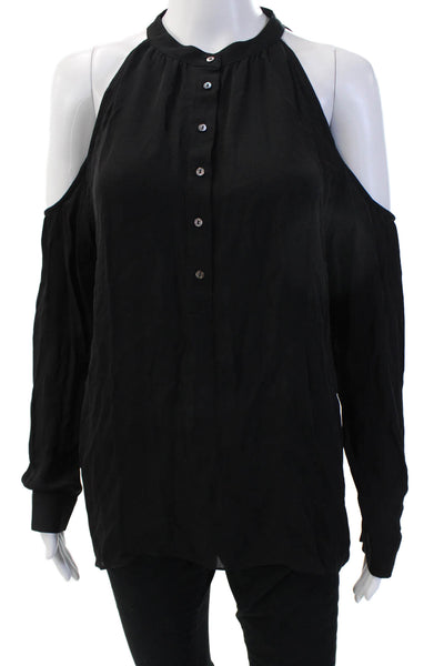 Nicole Miller Womens Black Silk High Neck Long Sleeve Blouse Button Up Size M