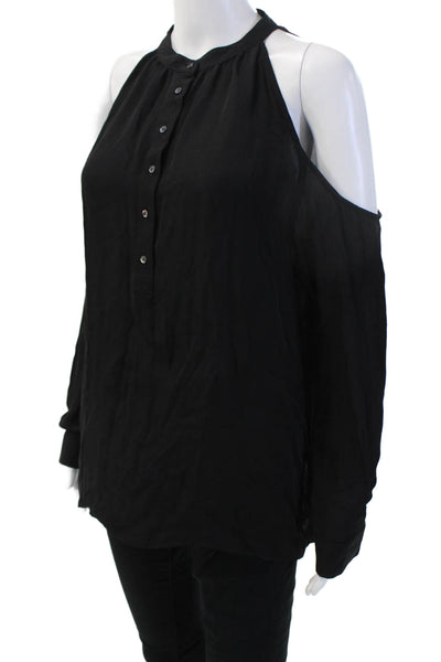 Nicole Miller Womens Black Silk High Neck Long Sleeve Blouse Button Up Size M