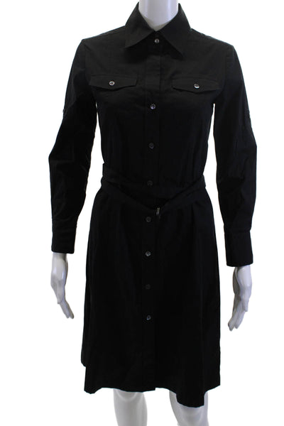 Theory Womens Shirt Dress Black Collared Long Sleeve Buckle Army Cotton Size 6