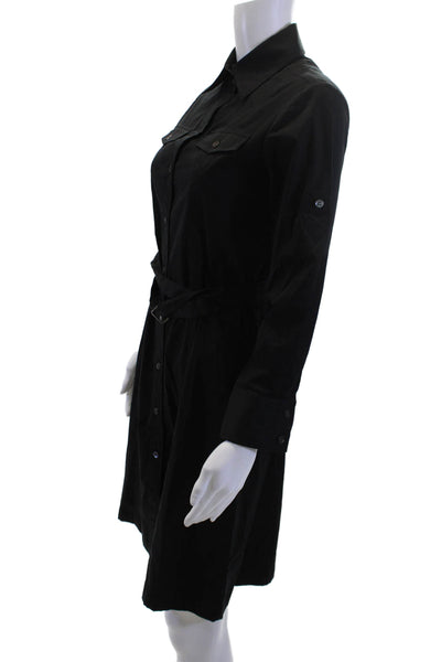 Theory Womens Shirt Dress Black Collared Long Sleeve Buckle Army Cotton Size 6