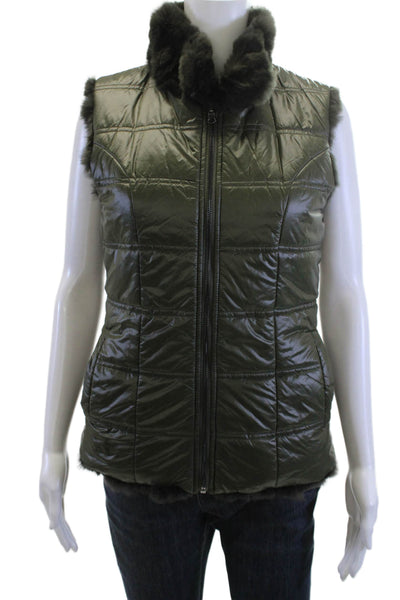 Linda Richards Women Quilted Puffer Jacket Green Zip Sleeveless Size XS