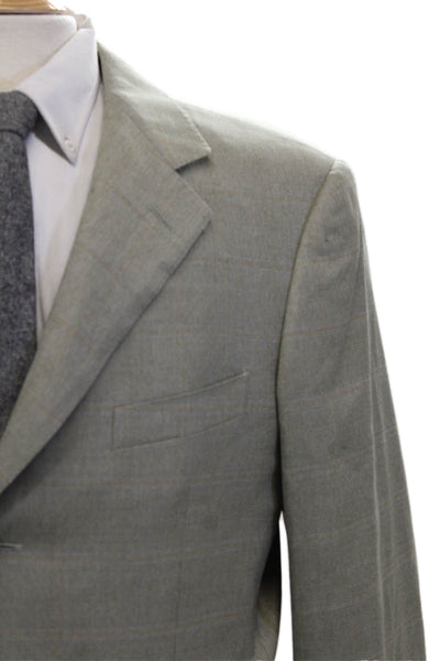 Ermenegildo Zegna Mens Suit Jacket Gray Wool Check Collared Button Size 52