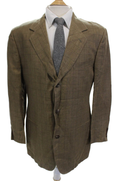 Donna Karan Mens Brown Checked Linen Blazer Collared Button 90s Size 42