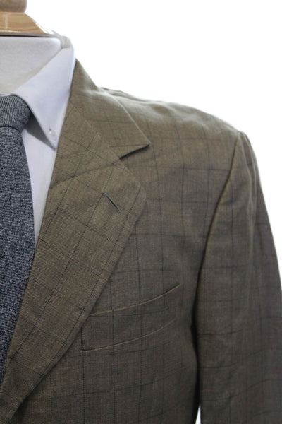 Donna Karan Mens Brown Checked Linen Blazer Collared Button 90s Size 42
