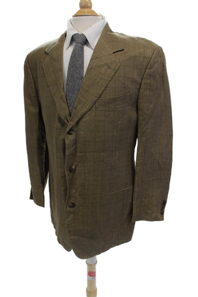Donna Karan Mens Brown Checked Linen Blazer Collared Button 90s Size 42