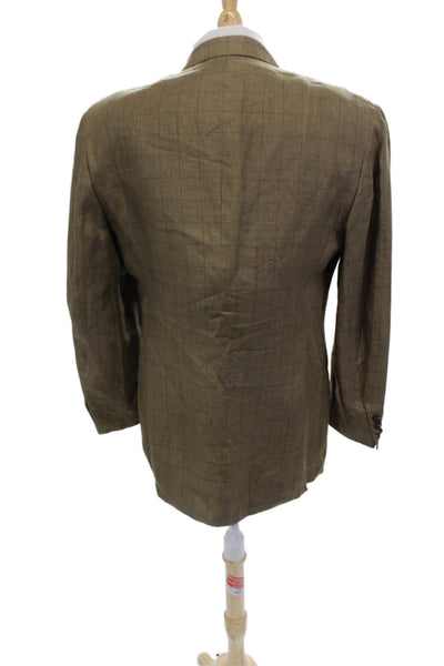 Donna Karan Mens Brown Checked Linen Blazer Collared Button 90s Size 42