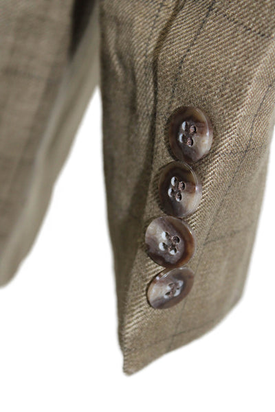 Donna Karan Mens Brown Checked Linen Blazer Collared Button 90s Size 42