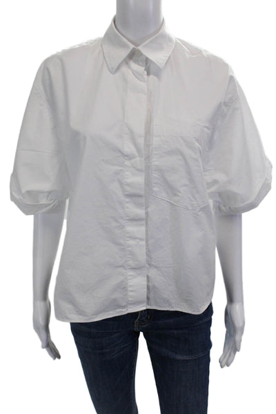 Zara Women Basic Collared 100% Cotton Button-Up Blouse White Short Sleeve Size S