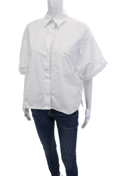 Zara Women Basic Collared 100% Cotton Button-Up Blouse White Short Sleeve Size S
