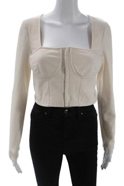 Jonathan Simkhai Women Cropped Square Neck Long Sleeve Beige Top Size M