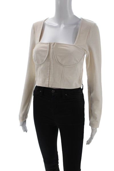Jonathan Simkhai Women Cropped Square Neck Long Sleeve Beige Top Size M