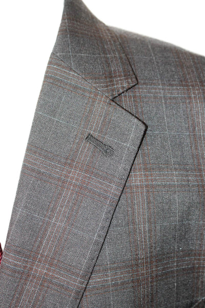 Joseph Abboud Mens Brown Plaid 100% Wool Suit Jacket Button Size 46