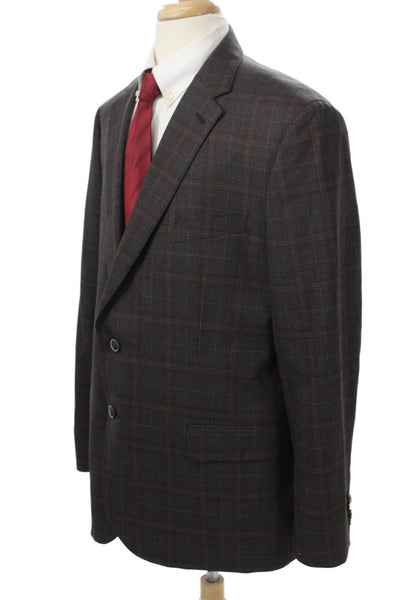 Joseph Abboud Mens Brown Plaid 100% Wool Suit Jacket Button Size 46