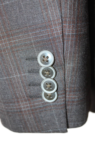 Joseph Abboud Mens Brown Plaid 100% Wool Suit Jacket Button Size 46