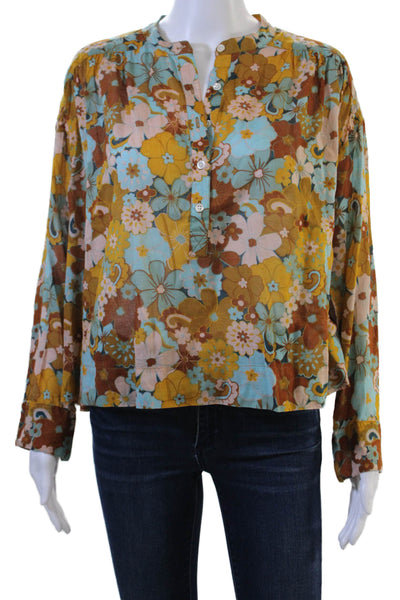 Sundry Women Blue Floral Bohemian Cotton Button-Up Long Sleeve Blouse Size 0