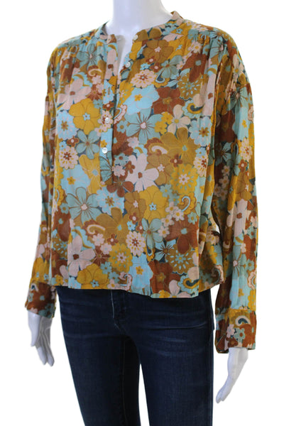 Sundry Women Blue Floral Bohemian Cotton Button-Up Long Sleeve Blouse Size 0