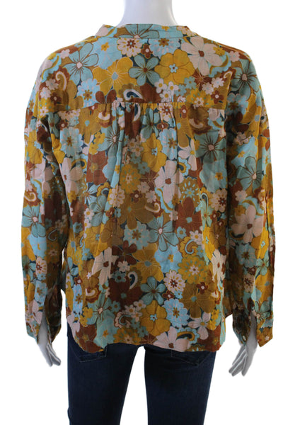 Sundry Women Blue Floral Bohemian Cotton Button-Up Long Sleeve Blouse Size 0