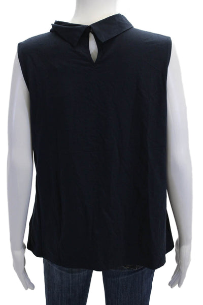 Brooks Brothers Womens Dark Blue Collared Sleeveless Cotton Modal Blouse Size L