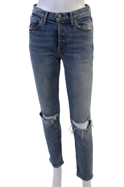 Grlfrnd Womens Cropped Straight Jeans Blue Mid-Rise 28in Size 26