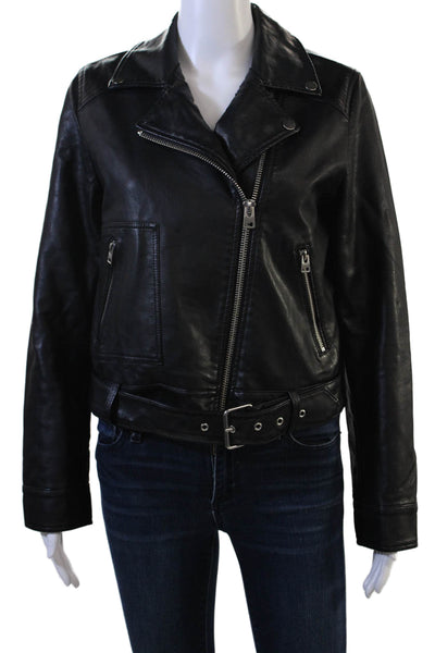 Topshop Womens Biker Motorcycle Jacket Black Buckle Coated Polyester Size 8