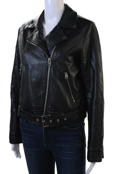Topshop Womens Biker Motorcycle Jacket Black Buckle Coated Polyester Size 8