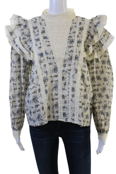 MNG Womens Bohemian Floral High Neck Cotton Long Sleeve Blouse Beige Size 6