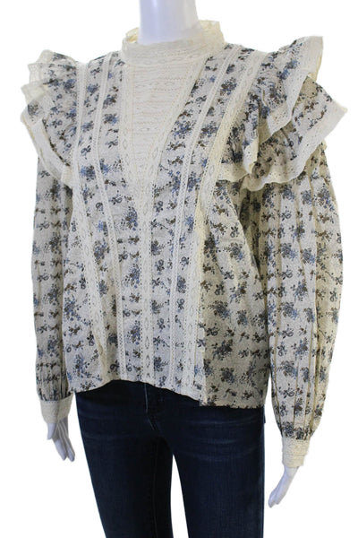 MNG Womens Bohemian Floral High Neck Cotton Long Sleeve Blouse Beige Size 6