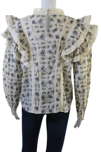 MNG Womens Bohemian Floral High Neck Cotton Long Sleeve Blouse Beige Size 6