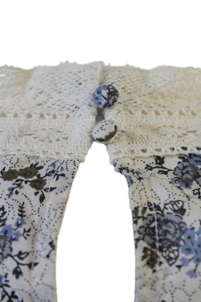 MNG Womens Bohemian Floral High Neck Cotton Long Sleeve Blouse Beige Size 6