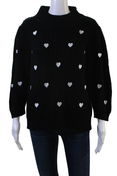 Anthropologie Womens Pullover Mock Neck Heart Sweater Black 3/4 Sleeve Size M