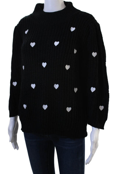 Anthropologie Womens Pullover Mock Neck Heart Sweater Black 3/4 Sleeve Size M